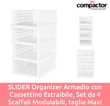 Carica l'immagine nel visualizzatore di Gallery, Compactor SLIDER Organizer Armadio con Cassettino Estraibile, Set da 4 Scaffali Modulabili Regolabili in Plastica BPA Free per Vestiti, Armadi, Bagno, Bianco, Taglia Maxi (34 x 45 x 18 cm)