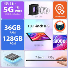 Carica l'immagine nel visualizzatore di Gallery, PIXPEAK Tablet 10 pollici 4G lte e 5G WiFi, Android 14.0 Octa-Core 2.0GHz, 36GB RAM, 128GB ROM (1TB Espandibile), INCELL 1920 * 1200, 13MP+8MP, Tablet in offerta con Tastiera etc, GPS/Bluetooth, Nero