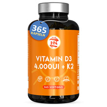 Carica l'immagine nel visualizzatore di Gallery, Vitamina D3 K2 4000 UI – 365 Capsule Molli - Vitamina D ad Alto Dosaggio