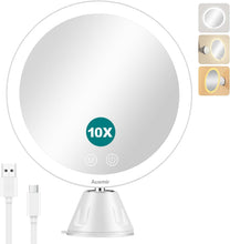 Carica l'immagine nel visualizzatore di Gallery, Auxmir Specchio Ingranditore 10X, Specchio Trucco con Luci a 46 LED, 3 Colori di Luce, Luminosità Regolabile, Ricaricabile, Rotazione a 360°, Potente Ventosa, 20CM