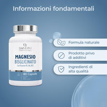Carica l'immagine nel visualizzatore di Gallery, Bandini® Magnesio Bisglicinato 180 Capsule (2 mesi), 350 mg di Glicinato, Chelato per dose arricchito di Vitamina B1, B6