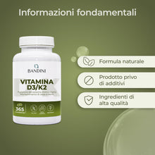 Carica l'immagine nel visualizzatore di Gallery, Bandini® Vitamina D3 K2 | 365 COMPRESSE (12 Mesi) | Vitamina D 2000 UI +