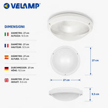 Carica l'immagine nel visualizzatore di Gallery, Velamp PTLEDIK-E27 Applique a Parete/plafoniera Tonda 27cm. in PC infrangibile IK10. Attacco E27, Compatibile LED, Max 6