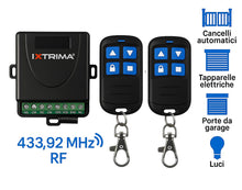 Carica l'immagine nel visualizzatore di Gallery, Kit radio universale 12-30V AC/DC con 2 telecomandi per Automazione Cancelli, tende, luci, comando wireless 433.92 MHz, 
