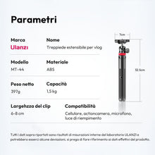 Carica l'immagine nel visualizzatore di Gallery, ULANZI MT-44 Treppiede Smartphone 147 cm, 2 in 1 Bastone Selfie con Telecomando, Treppiede Fotocamera, Testa a Sfera 360