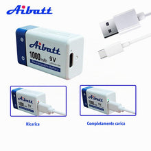 Carica l'immagine nel visualizzatore di Gallery, Batteria a blocco da 9V 1000mAh, con porta di ricarica tipo C, batteria ricaricabile agli ioni di litio Li-ion 6F22 per 