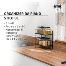 Carica l'immagine nel visualizzatore di Gallery, Amig - Scaffale Portatile a 2 Livelli - Organizer per Cucina o Bagno - Acciaio Nero e Bambù - Dimensioni: 260 x 130 x 287 mm