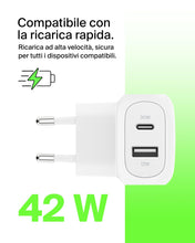 Carica l'immagine nel visualizzatore di Gallery, Belkin BoostCharge doppio caricatore usb da parete da 42 W, ricarica rapida USB-C + USB-A per iPhone 16,16 Plus,16 Pro,1
