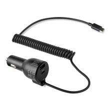 Carica l'immagine nel visualizzatore di Gallery, Caricabatterie da auto a ricarica rapida Amazon Basics, 1 USB-C + 1 USB-A + 1 cavo a spirale integrato, 60 W, nero