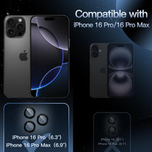 Carica l'immagine nel visualizzatore di Gallery, JETech Pellicola Protettiva Fotocamera per iPhone 16 Pro/16 Pro Max, Nero
