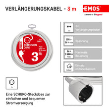 Carica l'immagine nel visualizzatore di Gallery, EMOS - IP20 Cavo di prolunga 3 m - 1 presa Schuko - 250 V, 16 A, 3680 W - isolamento in PVC di alta qualità - H05VV-F3G 