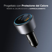 Carica l'immagine nel visualizzatore di Gallery, PORTENTUM Caricatore Auto Triplo e Simultaneo 200W – Include Cavo da 100W USB-C – Carica Batteria per Auto Cellulare – 2