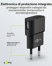 Carica l'immagine nel visualizzatore di Gallery, Goobay 44947 Adattatore di alimentazione USB da parete 1 A (5W) / Adattatore di alimentazione USB con ingresso laterale 