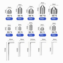 Carica l'immagine nel visualizzatore di Gallery, Vite Senza Testa sferica conica da 290 pezzi, set di viti a esagono incassato M3/M4/M5/M6/M8, set di grani, maniglia del