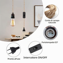 Carica l'immagine nel visualizzatore di Gallery, E27, cavo per lampada vintage, lampada a sospensione, con interruttore e spina, corda di canapa, kit per lampada a sospe