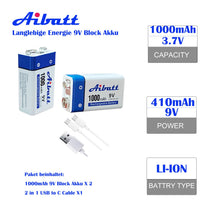 Carica l'immagine nel visualizzatore di Gallery, Batteria a blocco da 9V 1000mAh, con porta di ricarica tipo C, batteria ricaricabile agli ioni di litio Li-ion 6F22 per 