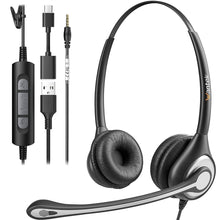 Carica l'immagine nel visualizzatore di Gallery, Wantek Cuffie con microfono USB 3,5 mm Jack Tipo C Adattatore Professioanl Cuffie con Cancelling Mic per Call Center Bus