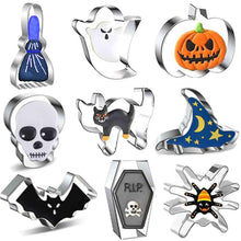 Carica l'immagine nel visualizzatore di Gallery, Formine Biscotti Halloween, Set 9 Pezzi Stampi in Acciaio Inox – Zucca, Pipistrello, Fantasma, Strega, Gatto, Ragno, Sch