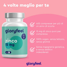 Carica l'immagine nel visualizzatore di Gallery, Zinco Puro Integratore 15mg, Scorta + 1 Anno, 400 Compresse Vegan contro Acne e Brufoli, Antiossidante per Pelle Sana, Z