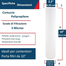 Carica l'immagine nel visualizzatore di Gallery, FILTRIACQUAITALIA Cartuccia Filtro A SEDIMENTI 10 Pollici Micron 5 per OSMOSI INVERSA DEPURATORE Acqua Set 3 Pezzi