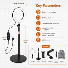 Carica l'immagine nel visualizzatore di Gallery, 1 Ring Light da Tavolo 6 pollici LED con Treppiede Regolabile, Ring Light Telefono e Laptop, 3 Colori, 10 Livelli, Luce 