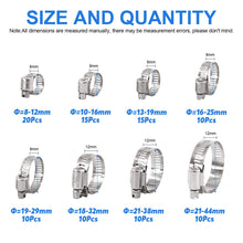 Carica l'immagine nel visualizzatore di Gallery, Glarks 100 pezzi regolabili 8-44 mm gamma 304 in acciaio inox vite senza fine kit assortimento di morsetti per tubo dell