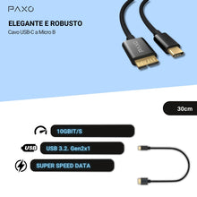 Carica l'immagine nel visualizzatore di Gallery, PAXO Cavo hard disk da 0,3 m, 10 Gbit/s, USB C-MICRO USB3.2 Gen2, cavo USB, cavo dati, cavo di ricarica, nero, da USB C 