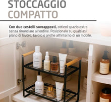 Carica l'immagine nel visualizzatore di Gallery, Amig - Scaffale Portatile a 2 Livelli - Organizer per Cucina o Bagno - Acciaio Nero e Bambù - Dimensioni: 260 x 130 x 287 mm