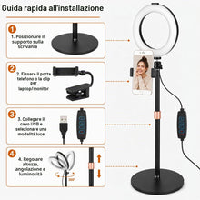 Carica l'immagine nel visualizzatore di Gallery, 1 Ring Light da Tavolo 6 pollici LED con Treppiede Regolabile, Ring Light Telefono e Laptop, 3 Colori, 10 Livelli, Luce 