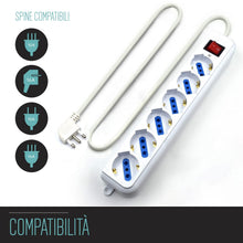 Carica l'immagine nel visualizzatore di Gallery, Multipresa a 6 Posti, Ciabatta Elettrica con 6 Prese Italiane 10A e Schuko (Tedesche) - Spina Italiana 10A - Potenza 250