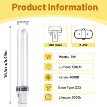 Carica l'immagine nel visualizzatore di Gallery, Lampada Fluorescente Compatta da 9W a 2 Pin, G23 Bianco Freddo 4000K, Dimensioni: 16,5 cm, CFL CA 220V, 720LM, Lampada a