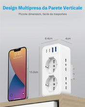 Carica l'immagine nel visualizzatore di Gallery, Presa Multipla con 2 Schuko e 4 Prese IT, Spina Italiana, Multipresa Salvaspazio con 4 USB, Adattatore Spina 16A per Cuc