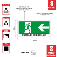 Carica l'immagine nel visualizzatore di Gallery, SPACE - 3 Cartelli uscita di emergenza 30 x 15cm in PVC con Frecce Direzionabili per negozio e azienda uscita di sicurez