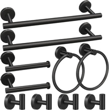 Carica l'immagine nel visualizzatore di Gallery, Set di accessori da bagno, 10 pezzi nero opaco in acciaio inox set di hardware per bagno, set di accessori da bagno con barre per asciugamani da 40,6 cm, porta carta igienica, anelli per asciugamani,