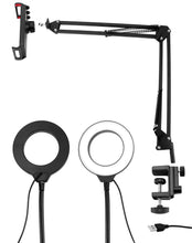 Carica l'immagine nel visualizzatore di Gallery, QWORK® Supporto per Telefono con Anello Luminoso, Telefono Morsetto per Montaggio su scrivania, per Streaming Live, Regi