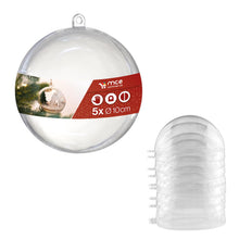 Carica l'immagine nel visualizzatore di Gallery, Sfera in plastica acrilica di Natale A661005, diametro 10 cm, trasparenti con occhiello per appenderle, 2 parti, 5 pezzi, in plexiglas
