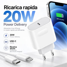 Carica l'immagine nel visualizzatore di Gallery, Caricatore iPhone 20W USB-C con cavo Lightning 1m, caricabatterie rapido PD, alimentatore compatibile con iPhone 14 13 1