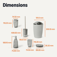 Carica l'immagine nel visualizzatore di Gallery, Amazon Basics, Set di Accessori da Bagno con Portaspazzolino, Dispenser di Sapone, Portasapone, Bicchiere per Spazzolino, Pattumiera, Scopino e Supporto, Grigio
