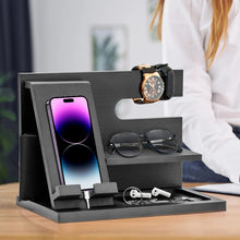 Carica l'immagine nel visualizzatore di Gallery, Docking station per telefono in legno, idea regalo per uomo, organizer da scrivania o comodino, regalo di compleanno per