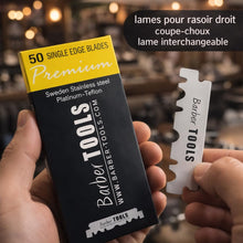 Carica l'immagine nel visualizzatore di Gallery, Kit da rasatura uomo - Rasoio per barba uomo/taglio a mano per barba - con 50 Lame Singole + Panno + Stick di allume + C
