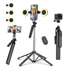 Carica l'immagine nel visualizzatore di Gallery, Treppiede per selfie stick con 2 luci di riempimento, in metallo con telecomando rimovibile, 180 cm treppiede per smartp