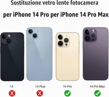 Carica l'immagine nel visualizzatore di Gallery, Vetro di Ricambio per Fotocamera Posteriore per iPhone 14 Pro/Pro Max - Antigraffio, impermeabile, con adesivo preinstal