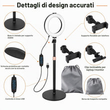 Carica l'immagine nel visualizzatore di Gallery, 1 Ring Light da Tavolo 6 pollici LED con Treppiede Regolabile, Ring Light Telefono e Laptop, 3 Colori, 10 Livelli, Luce 