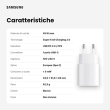 Carica l'immagine nel visualizzatore di Gallery, Samsung Caricatore USB C 45W Ultra Rapido, Adattatore da USB C a USB, caricabatterie Samsung ricarica rapida, originale 