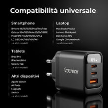 Carica l'immagine nel visualizzatore di Gallery, VulTech Caricatore USB C 65W GaN, 2 USB-C + USB, PD3.0 PPS QC3.0, Caricatore Rapido per Notebook e MacBook, iPhone 16/15