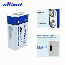 Carica l'immagine nel visualizzatore di Gallery, Batteria a blocco da 9V 1000mAh, con porta di ricarica tipo C, batteria ricaricabile agli ioni di litio Li-ion 6F22 per 