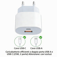 Carica l'immagine nel visualizzatore di Gallery, Caricabatterie veloci 25W USB C Alimentazione Adattatore Spina USB A