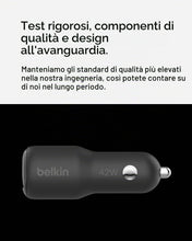 Carica l'immagine nel visualizzatore di Gallery, Belkin BoostCharge Doppio caricabatteria da auto da 42 W con ricarica rapida USB-C PPS da 30 W e porte USB-A da 12 W per