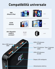 Carica l'immagine nel visualizzatore di Gallery, Power Bank 20000mAh Batteria Esterna Portatile, Ricarica Rapida 22,5W PD3.0 QC4.0 PD20W USB C, con Display LCD, 3 Uscite