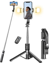 Carica l'immagine nel visualizzatore di Gallery, Bastone Selfie Treppiede Migliorato- 2 Luce di Riempimento, 114 CM Selfie Stick Treppiede per Telefono Extra Lungo con T